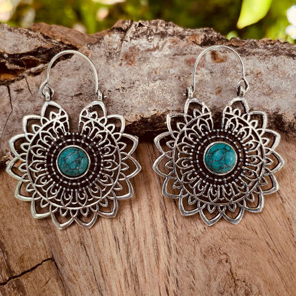 Silver Mandala Flower Turquoise Earrings ; Ethnic, Geometric, rustic, yoga, hippie, gypsy, pretty, boho, bohemian, festival