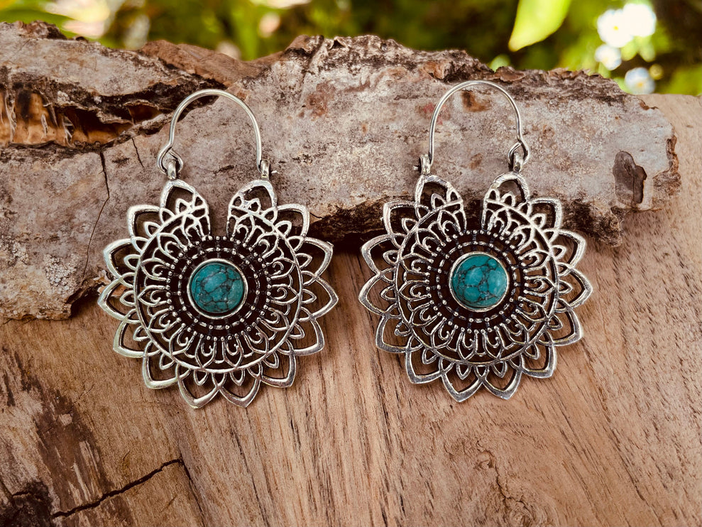 Silver Mandala Flower Turquoise Earrings ; Ethnic, Geometric, rustic, yoga, hippie, gypsy, pretty, boho, bohemian, festival