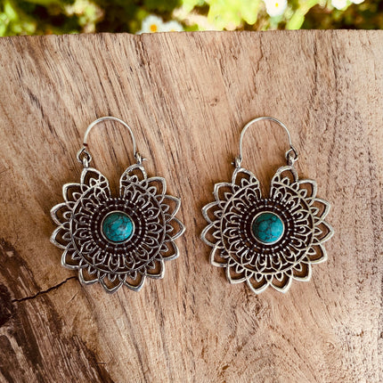 Silver Mandala Flower Turquoise Earrings ; Ethnic, Geometric, rustic, yoga, hippie, gypsy, pretty, boho, bohemian, festival