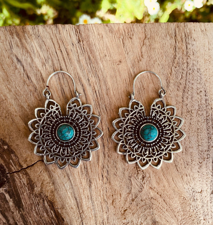 Silver Mandala Flower Turquoise Earrings ; Ethnic, Geometric, rustic, yoga, hippie, gypsy, pretty, boho, bohemian, festival