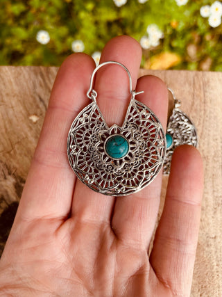 Créoles Turquoise Boucles D'oreille Argent, Ethnique Bohème Yoga Boho Rustique Chic Gypsy Spiral Hippie Tribal Bohemian