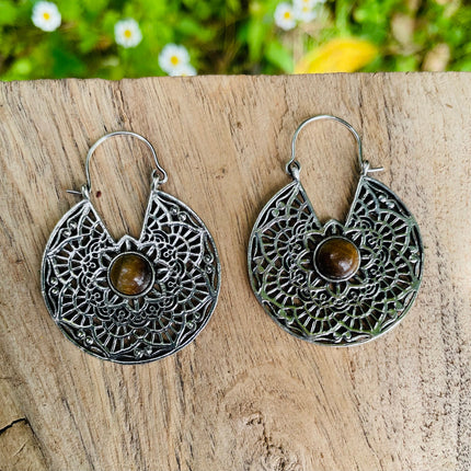 Tiger Eye & Silver Hoop Earrings Ethnic, rustic, yoga, hippie, gypsy, pretty, psy, boho, bohemian, festival