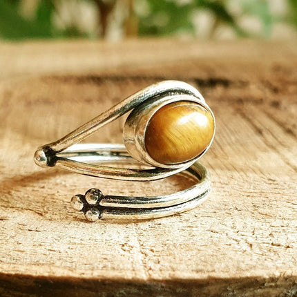 Ethnic style Silver & Tiger Eye Ring / Adjustable / Boho / Bohemian / Psy / Rustic / Tribal / Gypsy / Festival / Healing / Festival