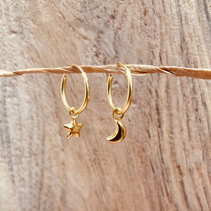 Gold Moon Star Earrings Sterling Silver 925 / Sleeper Hoops / Dainty / Ethnic Boho Bohemian Marriage Bridal Jewelry Hippie Hiphop Festival