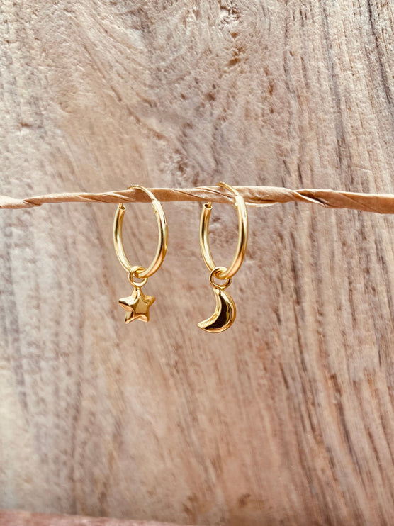 Gold Moon Star Earrings Sterling Silver 925 / Sleeper Hoops / Dainty / Ethnic Boho Bohemian Marriage Bridal Jewelry Hippie Hiphop Festival