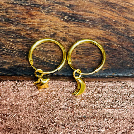 Gold Moon Star Earrings Sterling Silver 925 / Sleeper Hoops / Dainty / Ethnic Boho Bohemian Marriage Bridal Jewelry Hippie Hiphop Festival