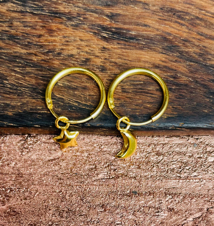 Gold Moon Star Earrings Sterling Silver 925 / Sleeper Hoops / Dainty / Ethnic Boho Bohemian Marriage Bridal Jewelry Hippie Hiphop Festival