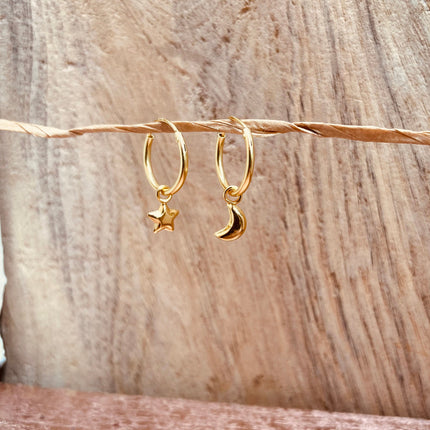 Gold Moon Star Earrings Sterling Silver 925 / Sleeper Hoops / Dainty / Ethnic Boho Bohemian Marriage Bridal Jewelry Hippie Hiphop Festival