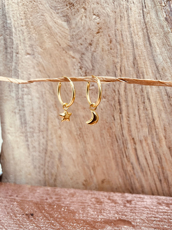 Gold Moon Star Earrings Sterling Silver 925 / Sleeper Hoops / Dainty / Ethnic Boho Bohemian Marriage Bridal Jewelry Hippie Hiphop Festival