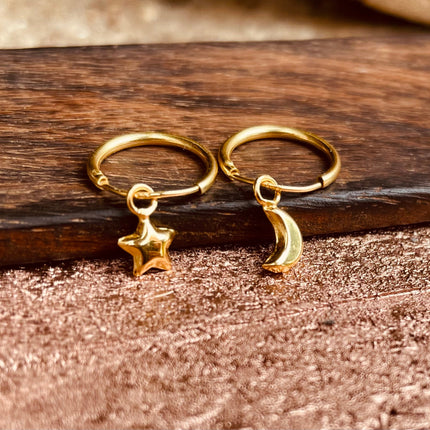 Gold Moon Star Earrings Sterling Silver 925 / Sleeper Hoops / Dainty / Ethnic Boho Bohemian Marriage Bridal Jewelry Hippie Hiphop Festival