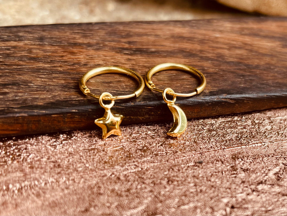 Gold Moon Star Earrings Sterling Silver 925 / Sleeper Hoops / Dainty / Ethnic Boho Bohemian Marriage Bridal Jewelry Hippie Hiphop Festival