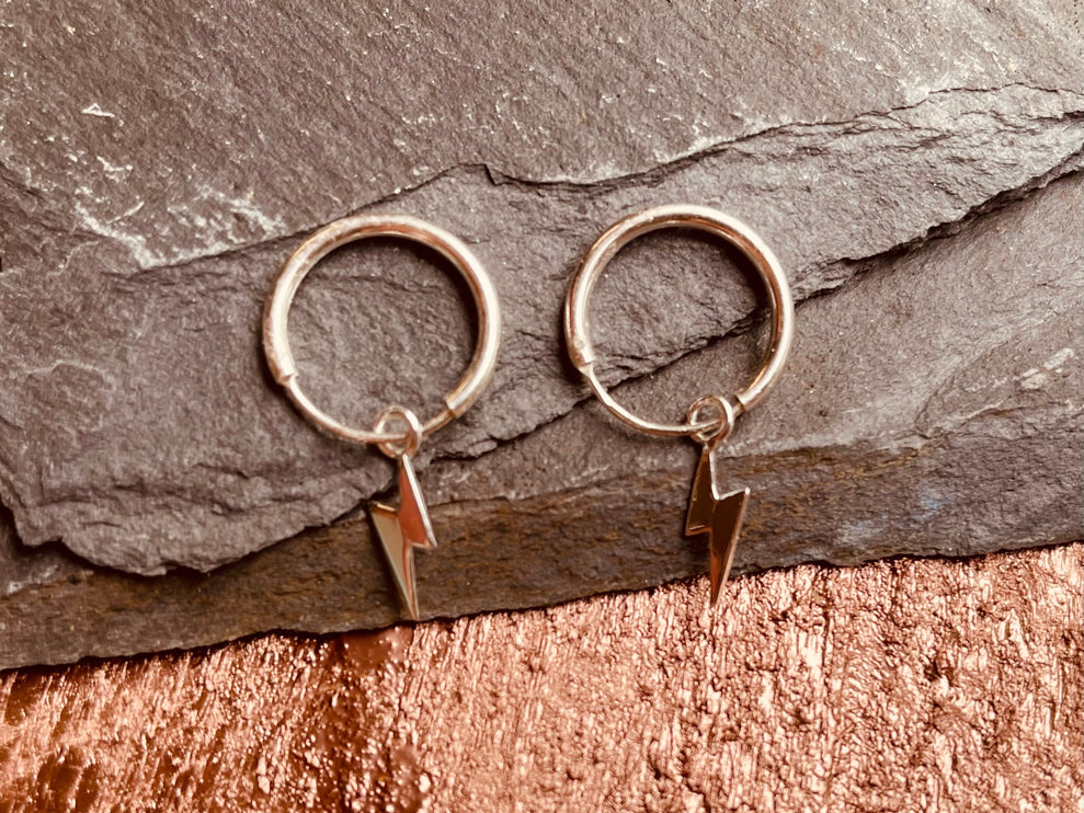 Thunderbolt Earrings Sterling Silver 925 / Sleeper Hoops / Dainty / Ethnic Boho Bohemian Marriage Bridal Jewelry Hippie Hiphop Festival