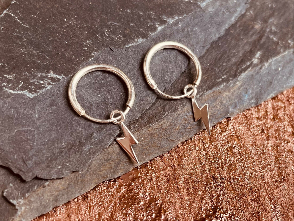 Thunderbolt Earrings Sterling Silver 925 / Sleeper Hoops / Dainty / Ethnic Boho Bohemian Marriage Bridal Jewelry Hippie Hiphop Festival