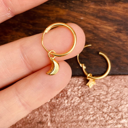 Gold Moon Star Earrings Sterling Silver 925 / Sleeper Hoops / Dainty / Ethnic Boho Bohemian Marriage Bridal Jewelry Hippie Hiphop Festival