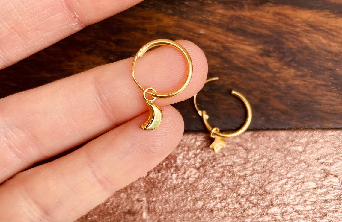 Gold Moon Star Earrings Sterling Silver 925 / Sleeper Hoops / Dainty / Ethnic Boho Bohemian Marriage Bridal Jewelry Hippie Hiphop Festival