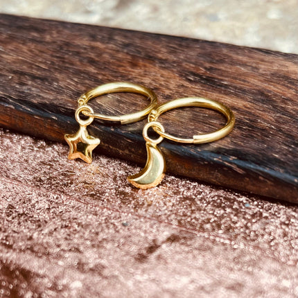 Gold Moon Star Earrings Sterling Silver 925 / Sleeper Hoops / Dainty / Ethnic Boho Bohemian Marriage Bridal Jewelry Hippie Hiphop Festival