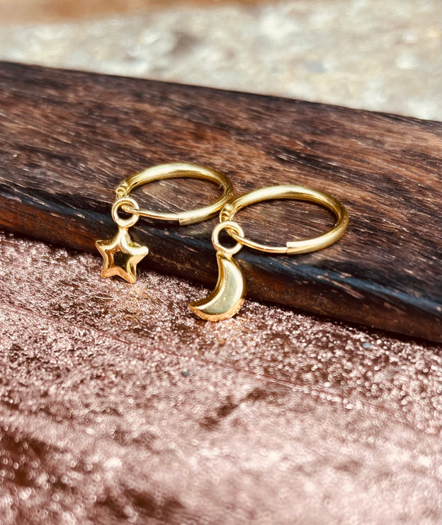 Gold Moon Star Earrings Sterling Silver 925 / Sleeper Hoops / Dainty / Ethnic Boho Bohemian Marriage Bridal Jewelry Hippie Hiphop Festival