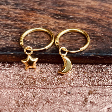 Gold Moon Star Earrings Sterling Silver 925 / Sleeper Hoops / Dainty / Ethnic Boho Bohemian Marriage Bridal Jewelry Hippie Hiphop Festival