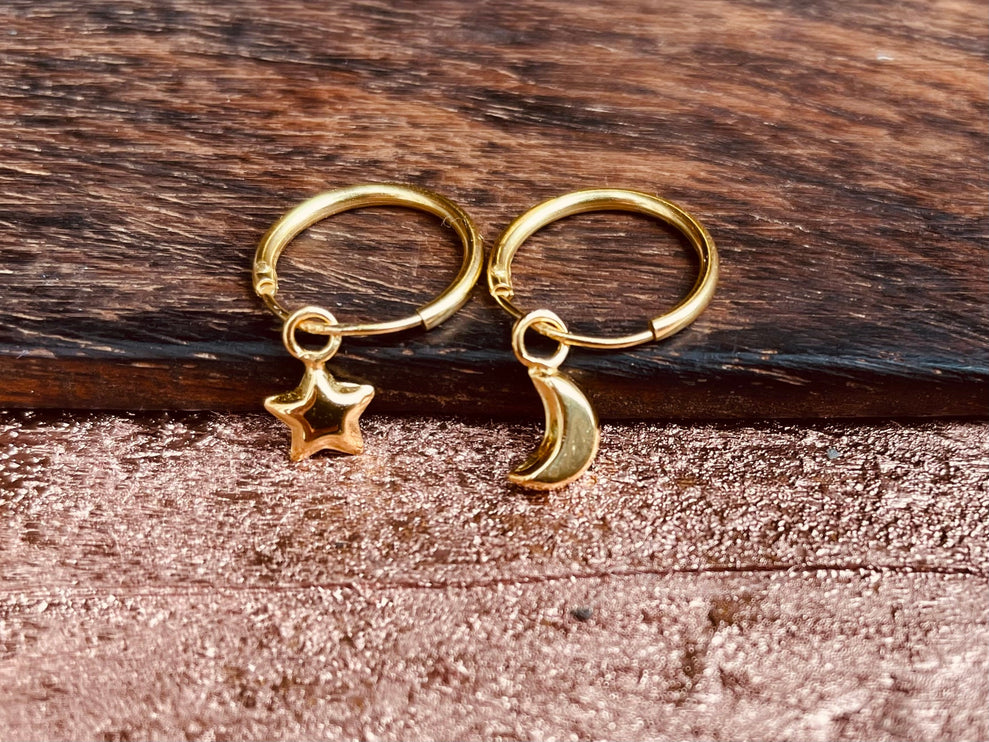 Gold Moon Star Earrings Sterling Silver 925 / Sleeper Hoops / Dainty / Ethnic Boho Bohemian Marriage Bridal Jewelry Hippie Hiphop Festival