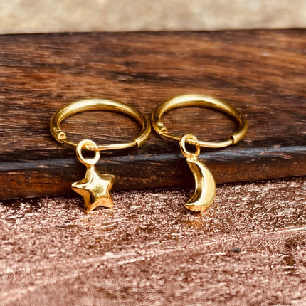 Gold Moon Star Earrings Sterling Silver 925 / Sleeper Hoops / Dainty / Ethnic Boho Bohemian Marriage Bridal Jewelry Hippie Hiphop Festival