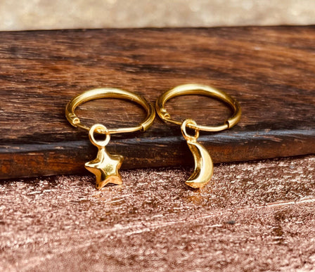 Gold Moon Star Earrings Sterling Silver 925 / Sleeper Hoops / Dainty / Ethnic Boho Bohemian Marriage Bridal Jewelry Hippie Hiphop Festival