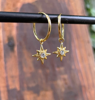 Gold Starburst Earrings Sterling Silver 925 Gold Crystal / Huggie Hoops / Dainty / Ethnic Boho Bohemian Jewelry Hippie Festival