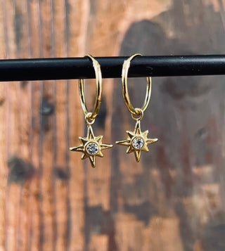 Gold Starburst Earrings Sterling Silver 925 Gold Crystal / Huggie Hoops / Dainty / Ethnic Boho Bohemian Jewelry Hippie Festival