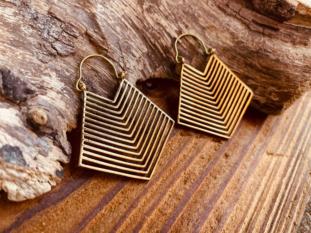 Aztec Earrings Inca Style Brass; Ethnic, Geometric, rustic, yoga, hippie, gypsy, pretty, psy, boho, bohemian, festival