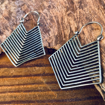 Aztec Silver Earrings Inca Style; Ethnic, Geometric, rustic, yoga, hippie, gypsy, pretty, psy, boho, bohemian, festival