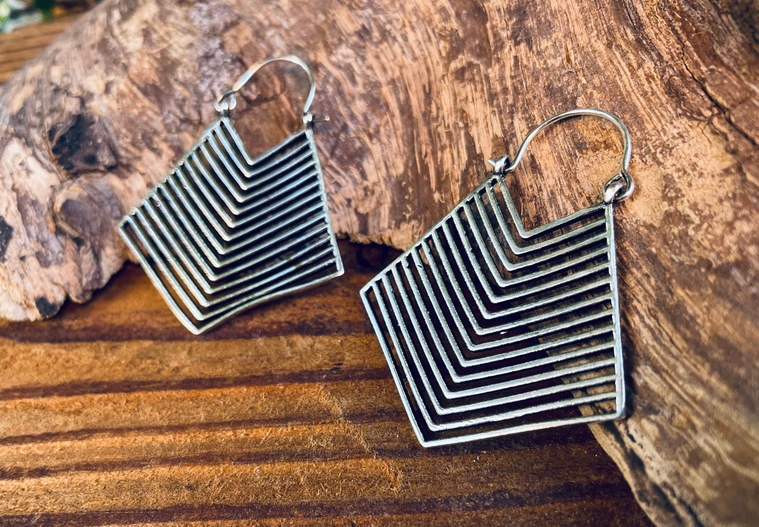 Aztec Silver Earrings Inca Style; Ethnic, Geometric, rustic, yoga, hippie, gypsy, pretty, psy, boho, bohemian, festival