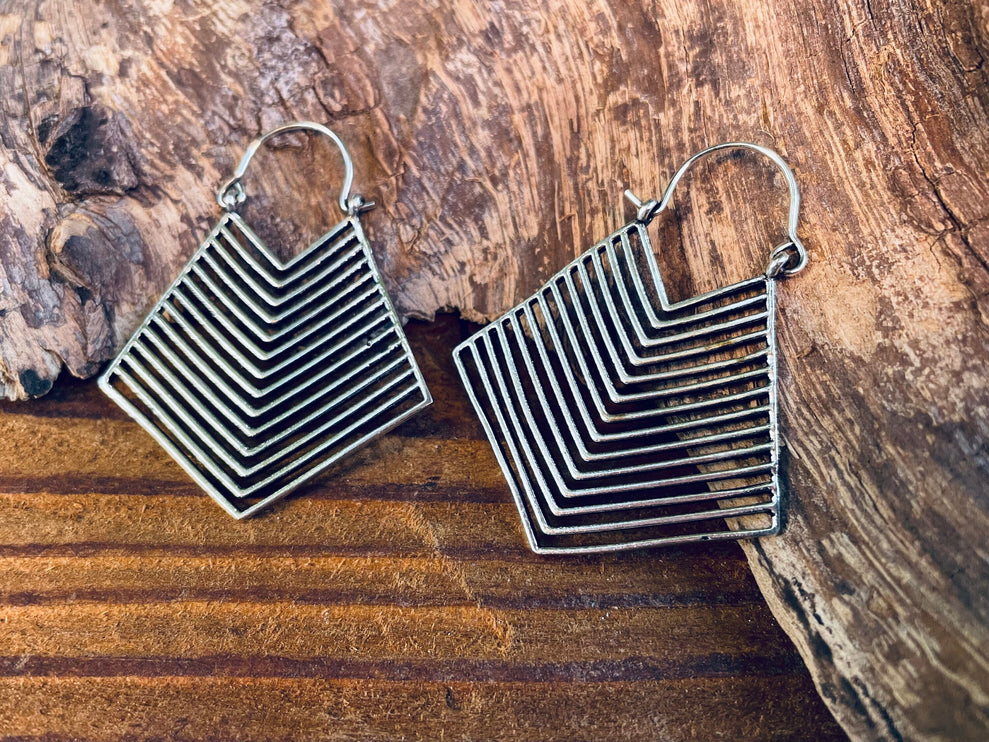 Aztec Silver Earrings Inca Style; Ethnic, Geometric, rustic, yoga, hippie, gypsy, pretty, psy, boho, bohemian, festival