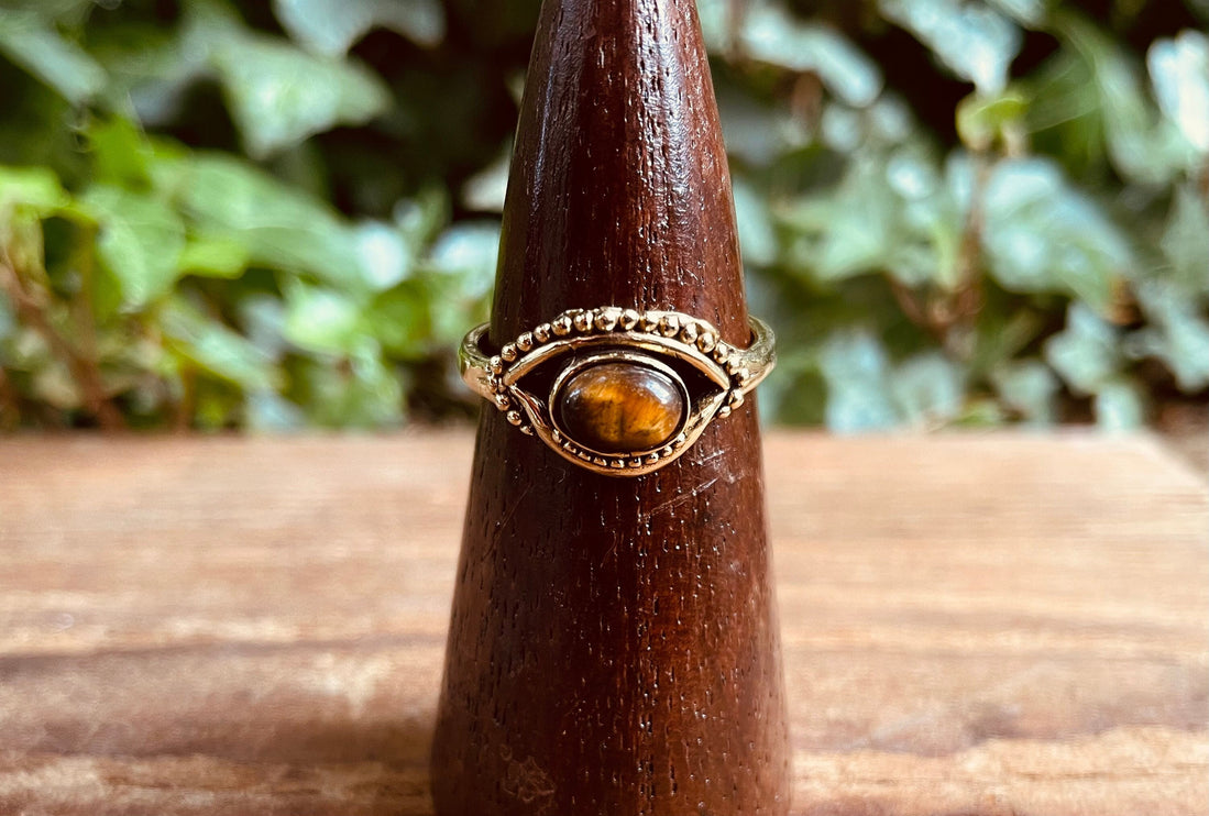 Evil Eye Ring Tiger's Eye Brass / Protection / Boho / Bohemian / Psy / Rustic / Tribal / Gypsy / Festival / Healing / Festival