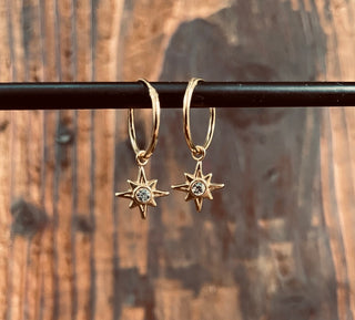 Gold Starburst Earrings Sterling Silver 925 Gold Crystal / Huggie Hoops / Dainty / Ethnic Boho Bohemian Jewelry Hippie Festival