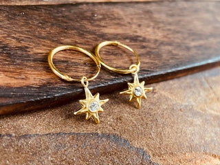 Gold Starburst Earrings Sterling Silver 925 Gold Crystal / Huggie Hoops / Dainty / Ethnic Boho Bohemian Jewelry Hippie Festival