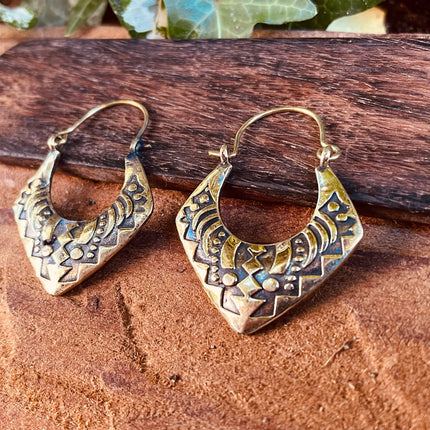 Brass Afghani Hoop Earrings; Ethnic, Geometric, Small, Rustic, Yoga, Hippie, Gypsy, Pretty, Ssy, Boho, Bohemian, Festival