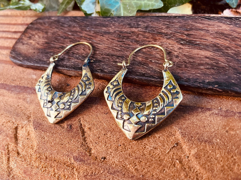 Brass Afghani Hoop Earrings; Ethnic, Geometric, Small, Rustic, Yoga, Hippie, Gypsy, Pretty, Ssy, Boho, Bohemian, Festival