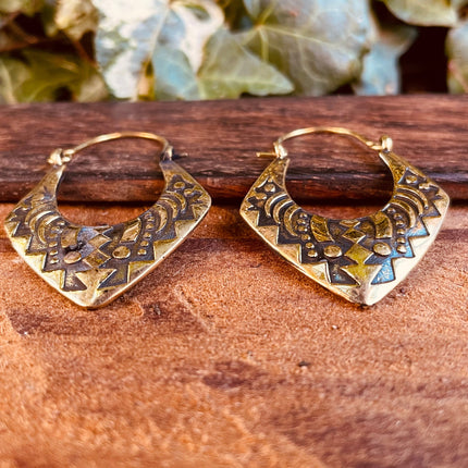 Brass Afghani Hoop Earrings; Ethnic, Geometric, Small, Rustic, Yoga, Hippie, Gypsy, Pretty, Ssy, Boho, Bohemian, Festival