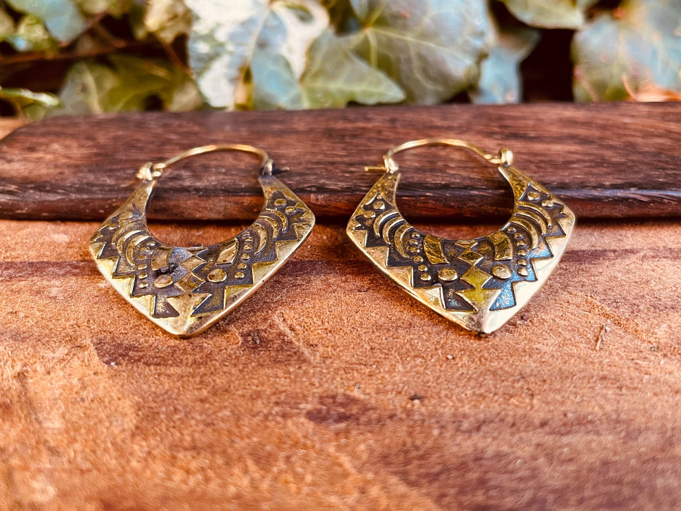 Brass Afghani Hoop Earrings; Ethnic, Geometric, Small, Rustic, Yoga, Hippie, Gypsy, Pretty, Ssy, Boho, Bohemian, Festival