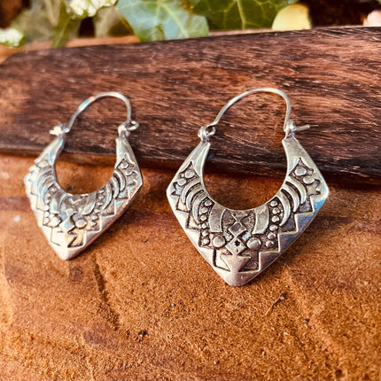 Silver Afghani Hoop Earrings; Ethnic, Geometric, Small, Rustic, Yoga, Hippie, Gypsy, Pretty, Ssy, Boho, Bohemian, Festival