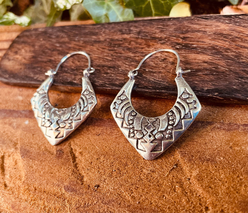 Silver Afghani Hoop Earrings; Ethnic, Geometric, Small, Rustic, Yoga, Hippie, Gypsy, Pretty, Ssy, Boho, Bohemian, Festival