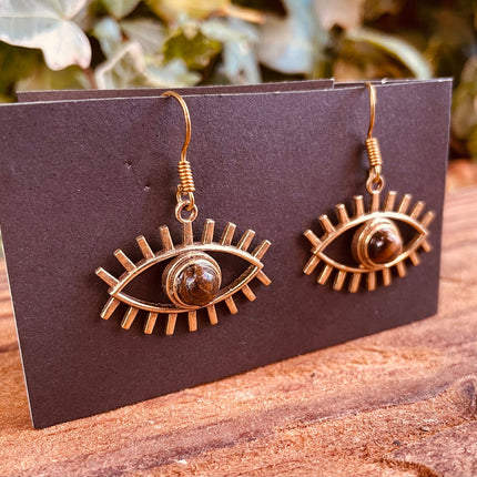 Evil Eye Earrings Tiger's Eye Brass / Protection / Boho / Bohemian / Psy / Rustic / Tribal / Gypsy / Festival / Healing / Festival