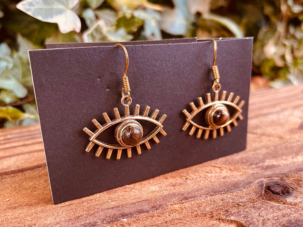 Evil Eye Earrings Tiger's Eye Brass / Protection / Boho / Bohemian / Psy / Rustic / Tribal / Gypsy / Festival / Healing / Festival