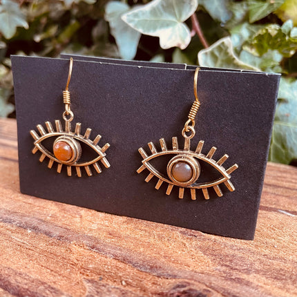 Evil Eye Earrings Amber Stones Brass / Protection / Boho / Bohemian / Psy / Rustic / Tribal / Gypsy / Festival / Healing / Festival