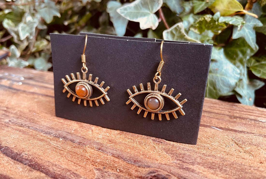 Evil Eye Earrings Amber Stones Brass / Protection / Boho / Bohemian / Psy / Rustic / Tribal / Gypsy / Festival / Healing / Festival