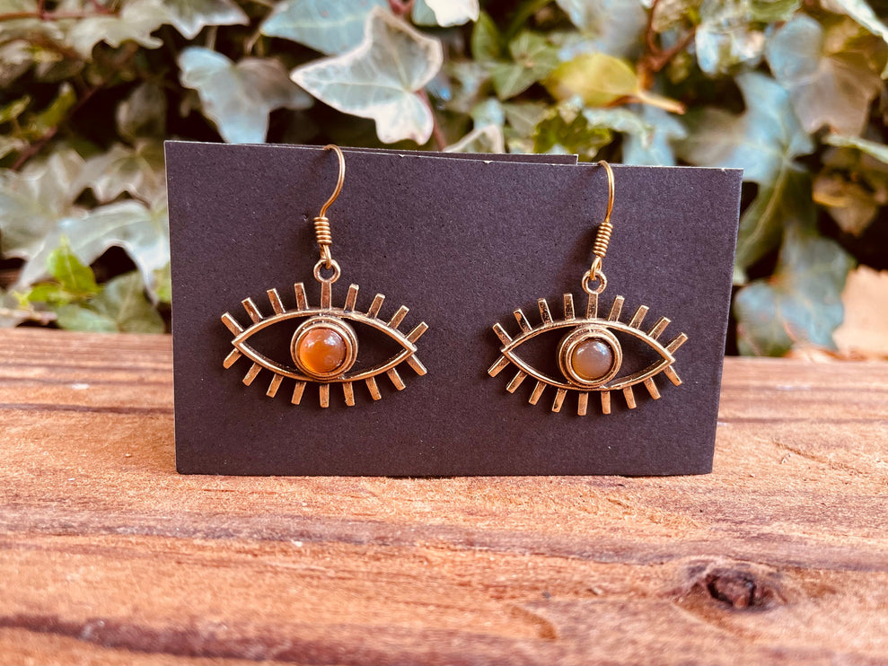 Evil Eye Earrings Amber Stones Brass / Protection / Boho / Bohemian / Psy / Rustic / Tribal / Gypsy / Festival / Healing / Festival