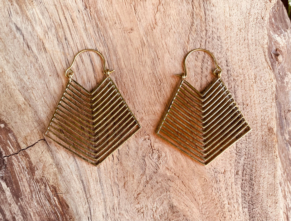 Aztec Earrings Inca Style Brass; Ethnic, Geometric, rustic, yoga, hippie, gypsy, pretty, psy, boho, bohemian, festival