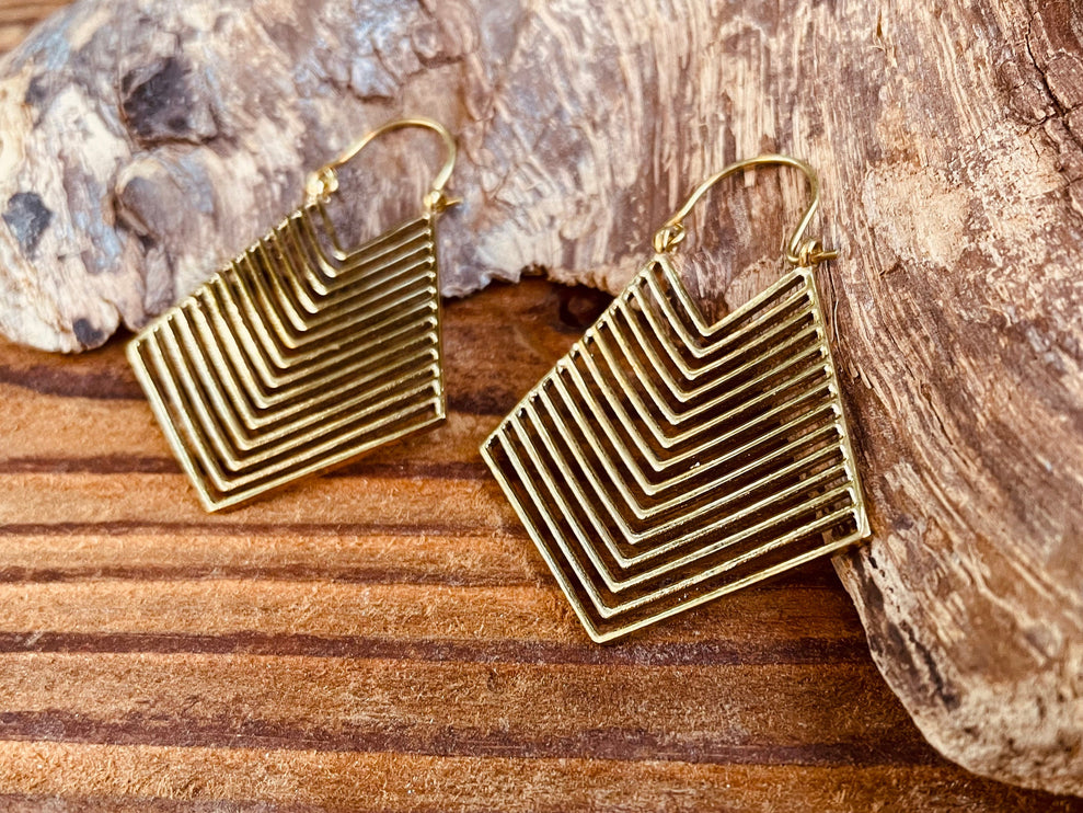 Aztec Earrings Inca Style Brass; Ethnic, Geometric, rustic, yoga, hippie, gypsy, pretty, psy, boho, bohemian, festival