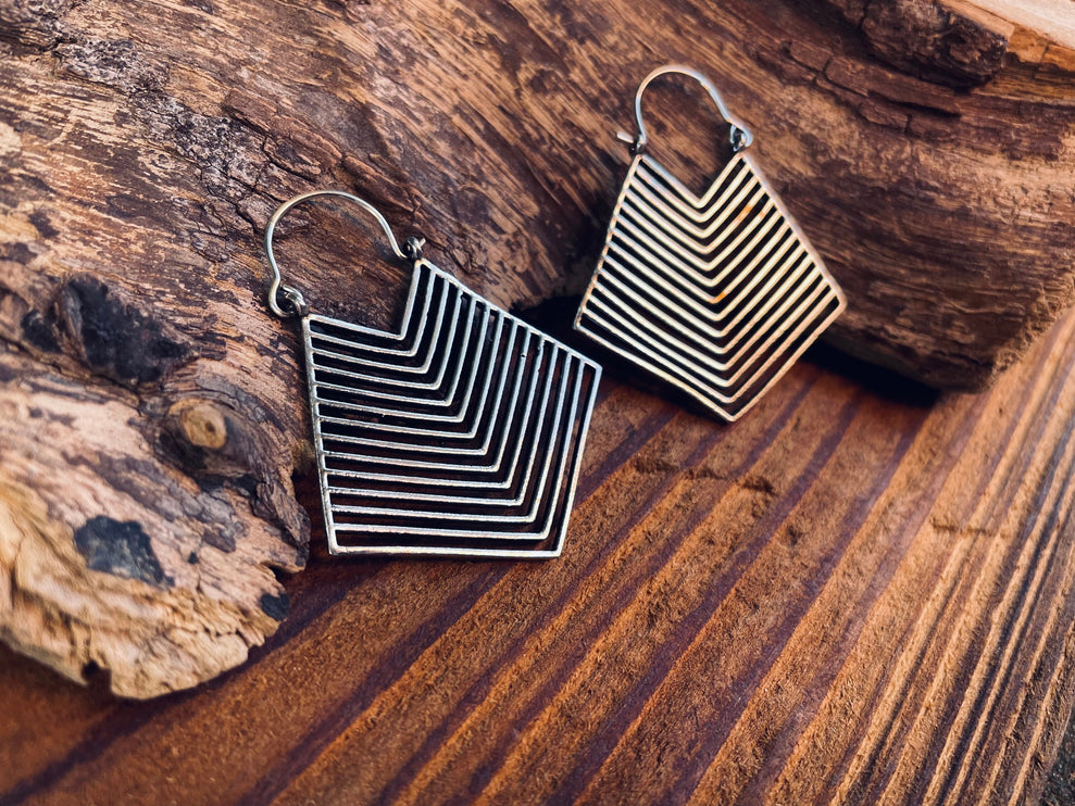 Aztec Silver Earrings Inca Style; Ethnic, Geometric, rustic, yoga, hippie, gypsy, pretty, psy, boho, bohemian, festival