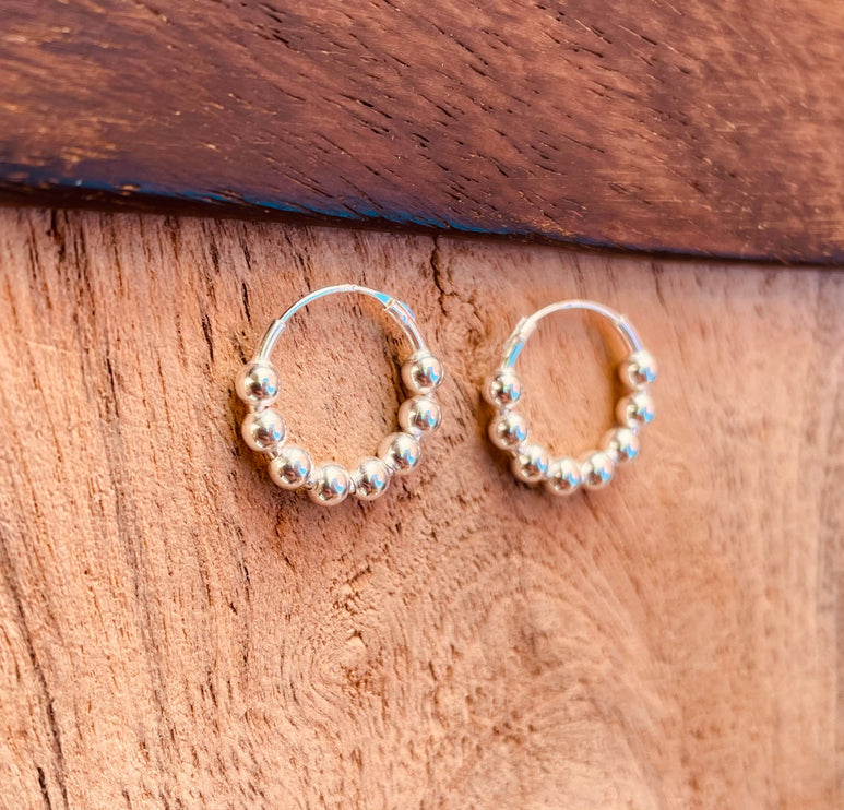 Orb Hoop Earrings Sterling Silver 925 Clicker / Pure Silver Earrings / Dainty / Ethnic Boho Bohemian Marriage Bridal Jewelry Hippie