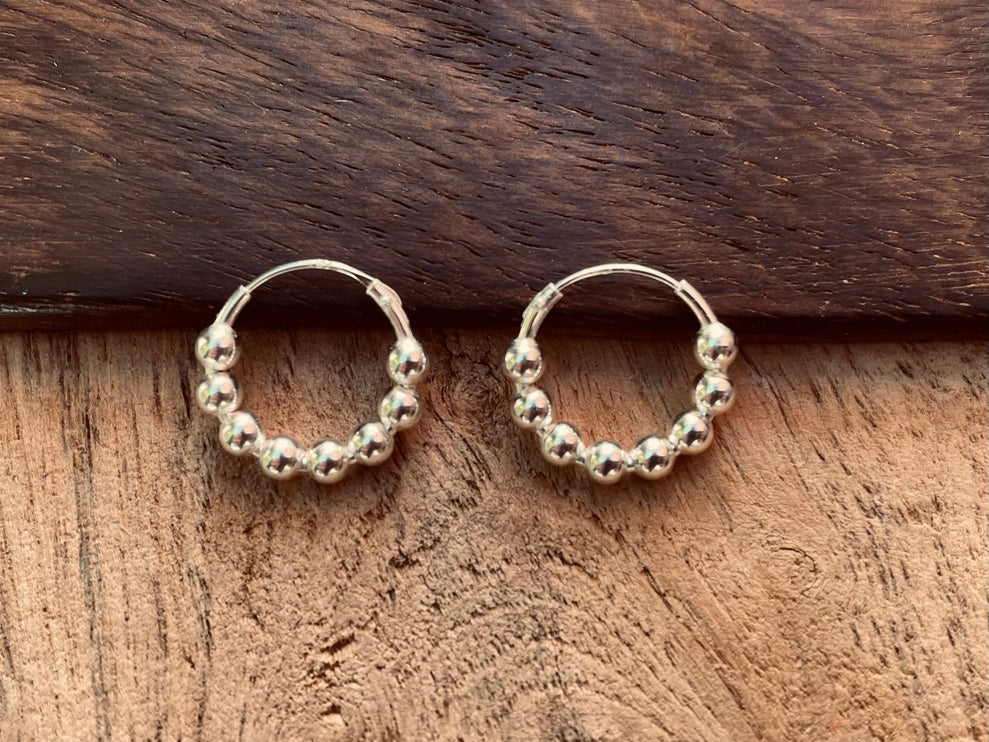 Orb Hoop Earrings Sterling Silver 925 Clicker / Pure Silver Earrings / Dainty / Ethnic Boho Bohemian Marriage Bridal Jewelry Hippie